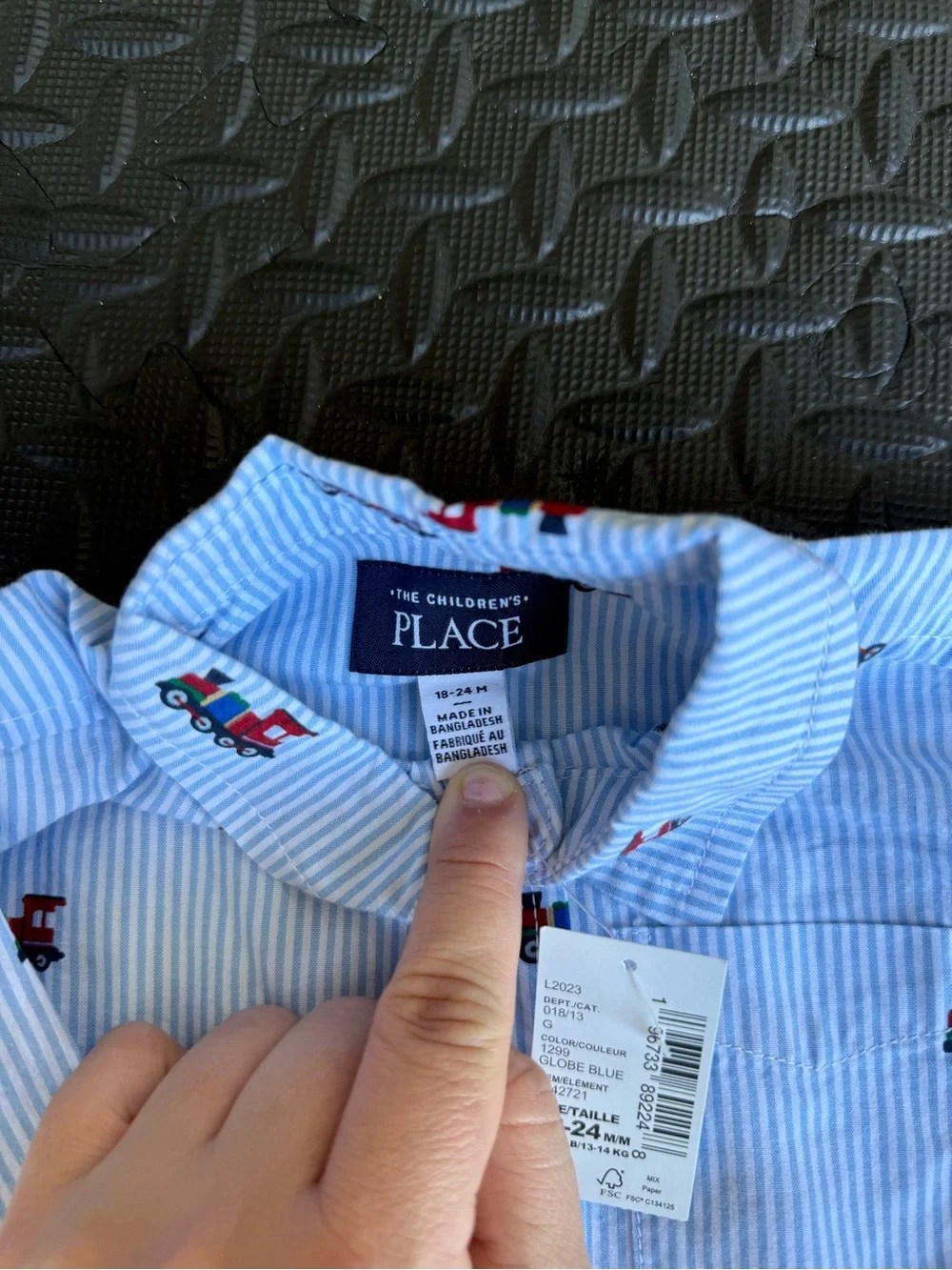 The Children's Place Light Blue Striped Button-Down with Red Train Print